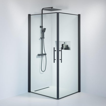 Duschhörna fyrkantig 90x100x198 cm - 6 mm klart nanoglas - svart profil - Vänern