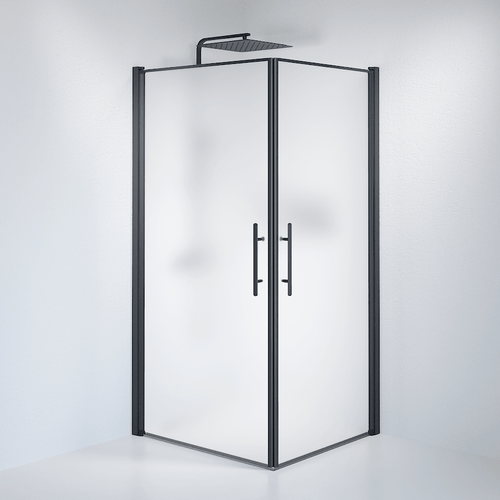 Duschhörna fyrkantig 90x100x198 cm - 6 mm frostat nanoglas - svart profil - Vänern