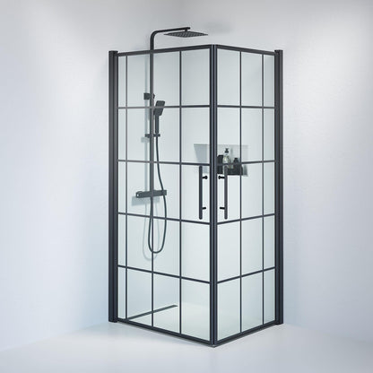 Duschhörna fyrkantig 90x100x198 cm - 6 mm klart nanoglas med svarta spröjs - svart profil - Vänern