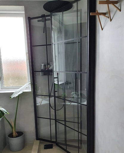 Duschhörna fyrkantig 90x100x198 cm - 6 mm klart nanoglas med svarta spröjs - svart profil - Vänern