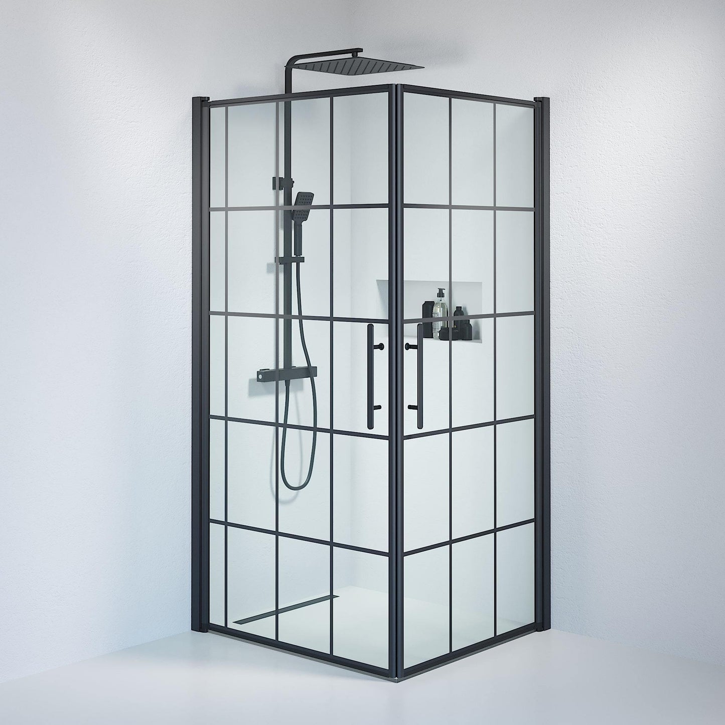 Duschhörna fyrkantig 90x100x198 cm - 6 mm klart nanoglas med svarta spröjs - svart profil - Vänern