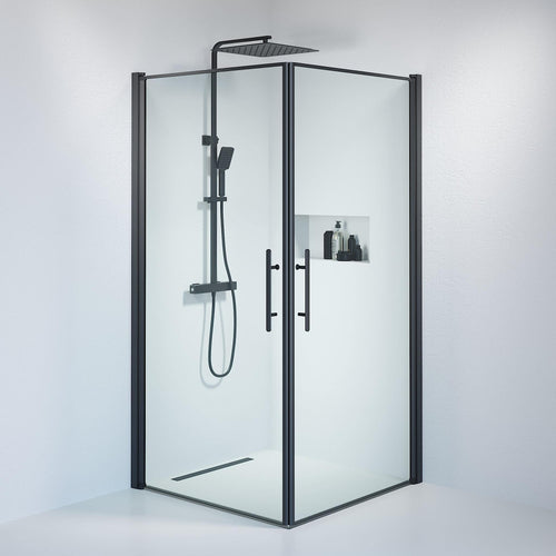 Duschhörna fyrkantig 100x100x198 cm - 6 mm klart nanoglas - svart profil - Vänern