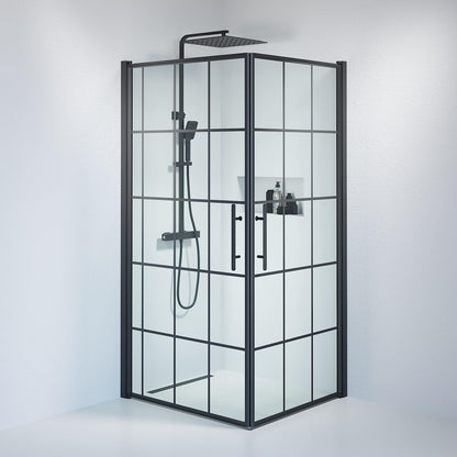 Duschhörna fyrkantig 100x100x198 cm - 6 mm klart nanoglas med svarta spröjs - svart profil - Vänern