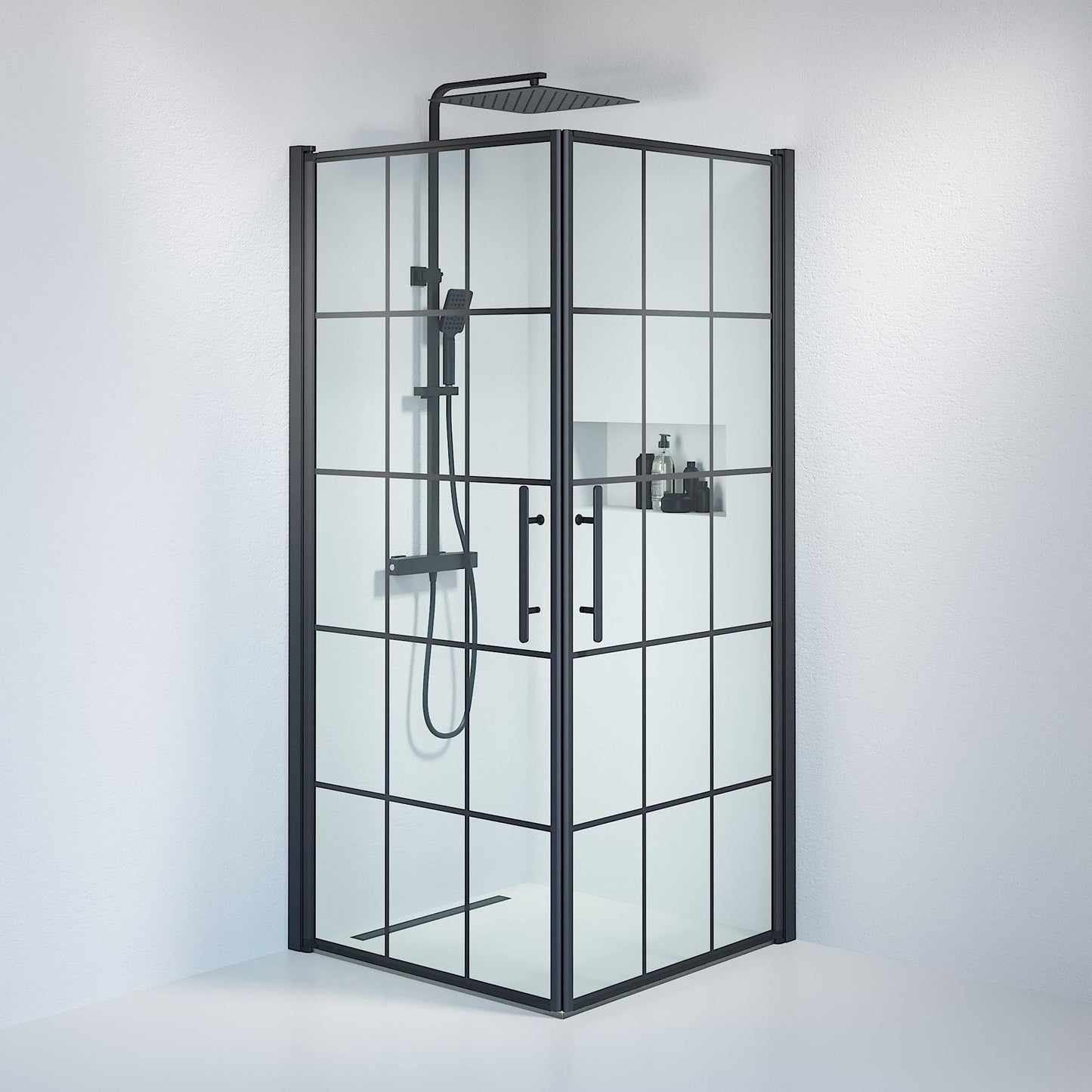 Duschhörna fyrkantig 100x100x198 cm - 6 mm klart nanoglas med svarta spröjs - svart profil - Vänern