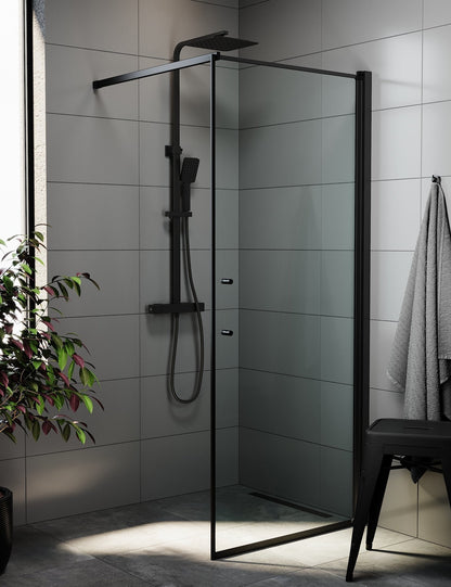 Fast duschvägg med stabiliseringsstag 70x198 cm - 6 mm klart nanoglas - svart profil - Vänern