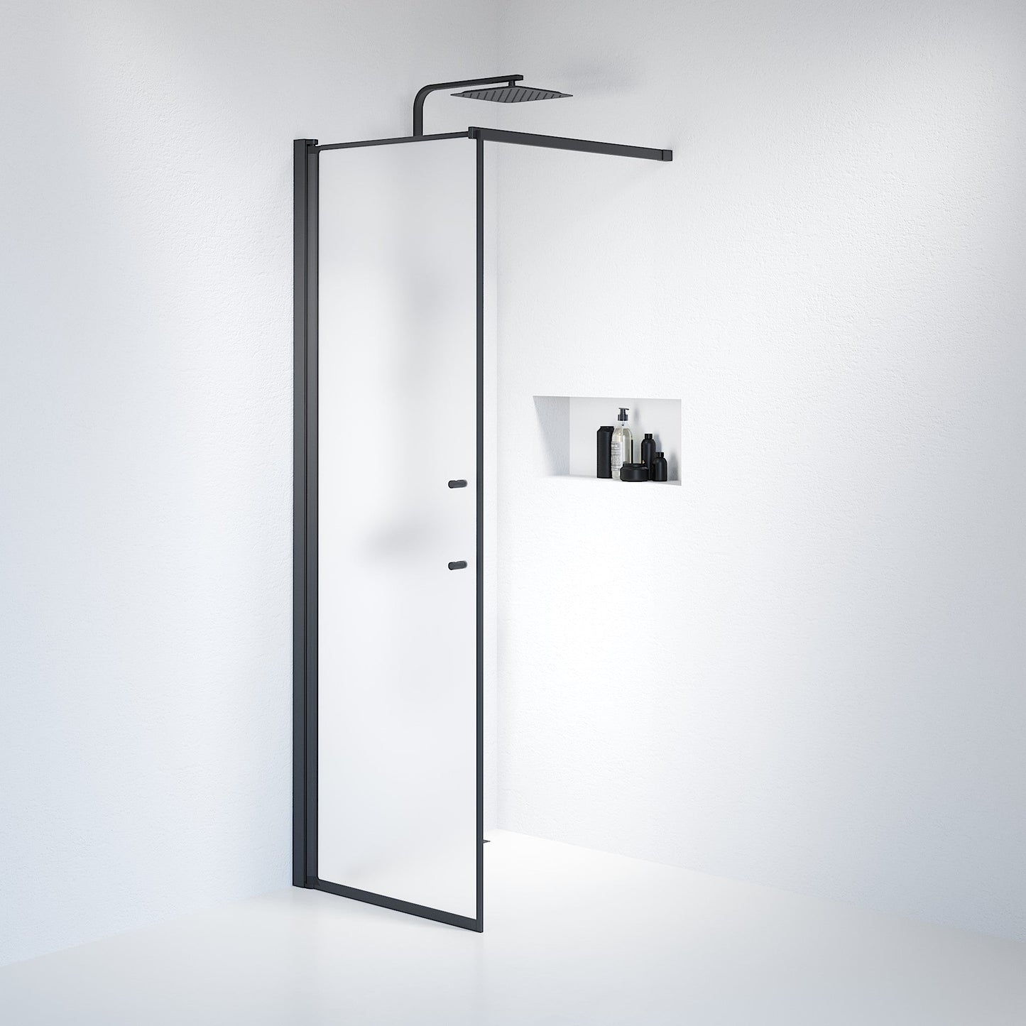 Fast duschvägg med stabiliseringsstag 70x198 cm - 6 mm frostat nanoglas - svart profil - Vänern