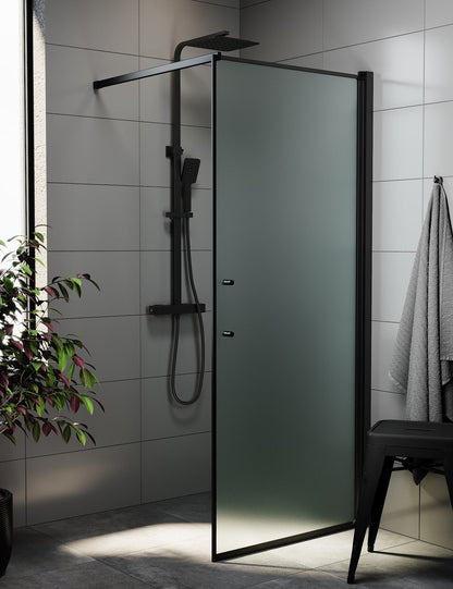Fast duschvägg med stabiliseringsstag 70x198 cm - 6 mm frostat nanoglas - svart profil - Vänern