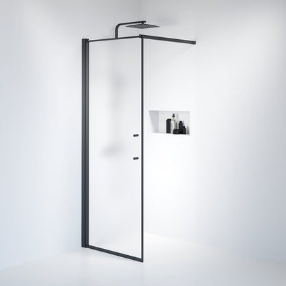 Fast duschvägg med stabiliseringsstag 70x198 cm - 6 mm frostat nanoglas - svart profil - Vänern
