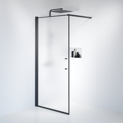 Fast duschvägg med stabiliseringsstag 70x198 cm - 6 mm frostat nanoglas - svart profil - Vänern