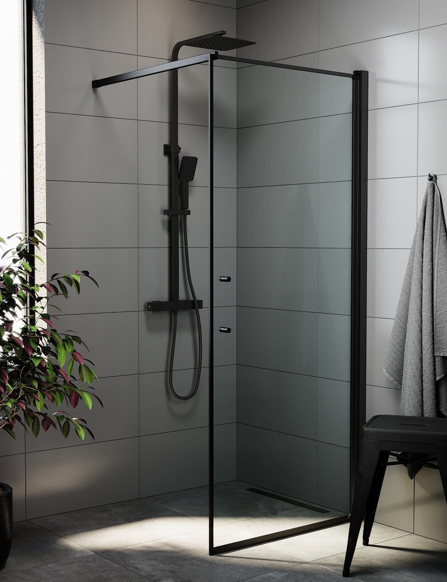 Fast duschvägg med stabiliseringsstag 80x198 cm - 6 mm klart nanoglas - svart profil - Vänern