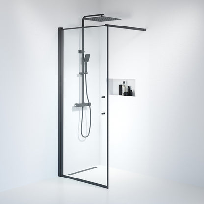Fast duschvägg med stabiliseringsstag 80x198 cm - 6 mm klart nanoglas - svart profil - Vänern