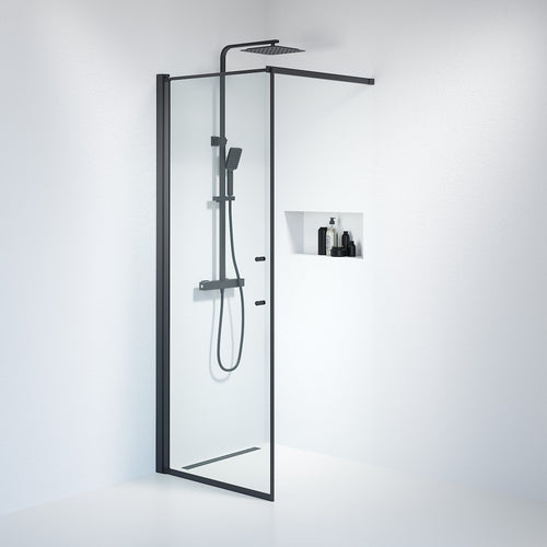 Fast duschvägg med stabiliseringsstag 80x198 cm - 6 mm klart nanoglas - svart profil - Vänern