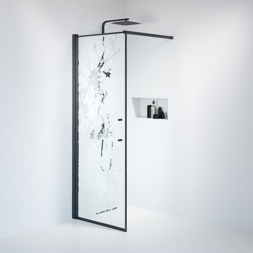 Fast duschvägg med stabiliseringsstag 80x198 cm - 6 mm frostad dekor nanoglas - svart profil - Vänern