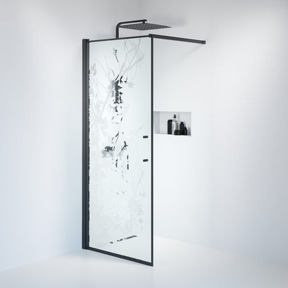 Fast duschvägg med stabiliseringsstag 80x198 cm - 6 mm frostad dekor nanoglas - svart profil - Vänern