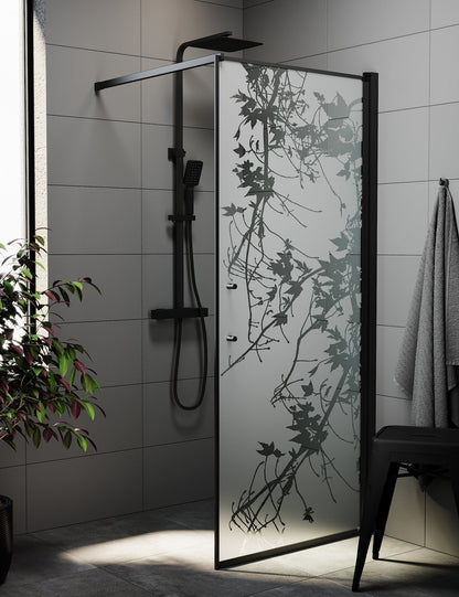 Fast duschvägg med stabiliseringsstag 80x198 cm - 6 mm frostad dekor nanoglas - svart profil - Vänern