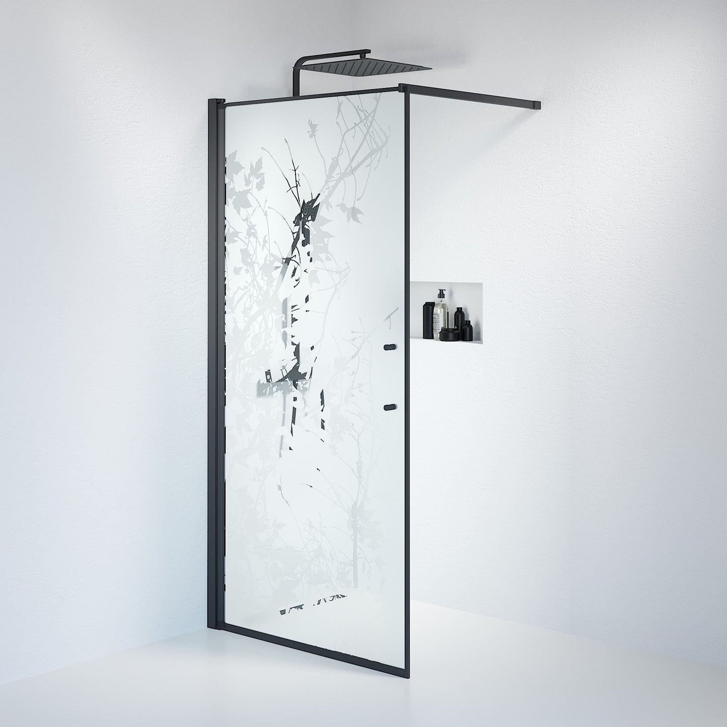 Fast duschvägg med stabiliseringsstag 80x198 cm - 6 mm frostad dekor nanoglas - svart profil - Vänern