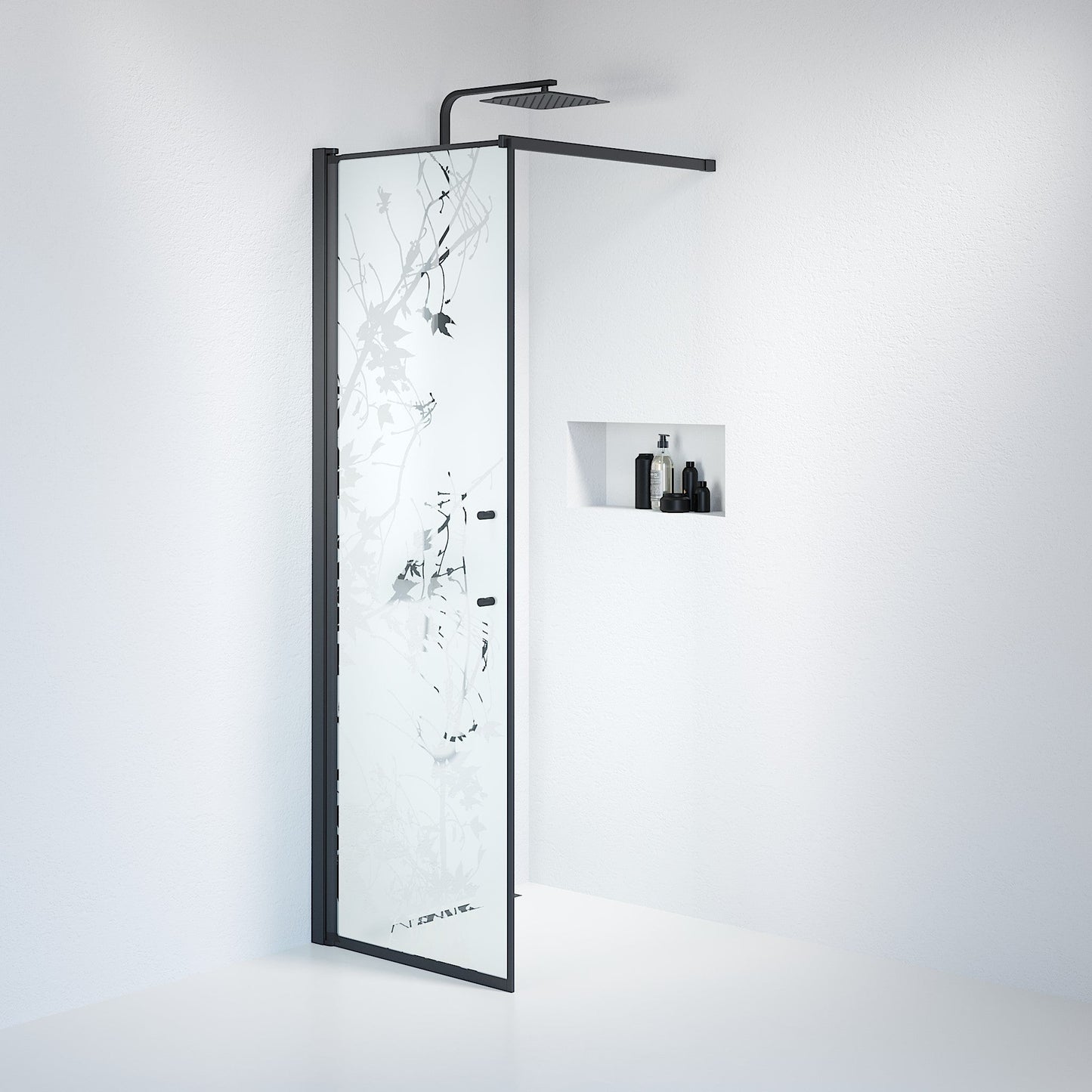 Fast duschvägg med stabiliseringsstag 80x198 cm - 6 mm frostad dekor nanoglas - svart profil - Vänern