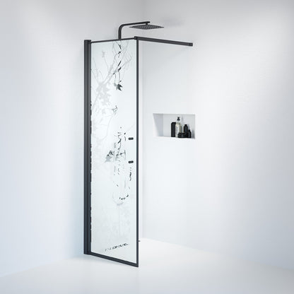 Fast duschvägg med stabiliseringsstag 80x198 cm - 6 mm frostad dekor nanoglas - svart profil - Vänern