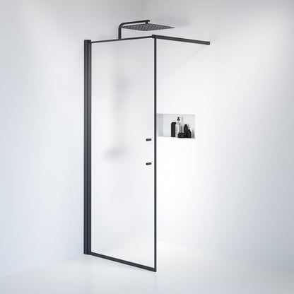 Fast duschvägg med stabiliseringsstag 80x198 cm - 6 mm frostat nanoglas - svart profil - Vänern
