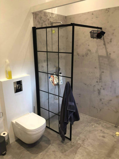 Fast duschvägg med stabiliseringsstag 80x198 cm - 6 mm klart nanoglas med svarta spröjs - svart profil - Vänern