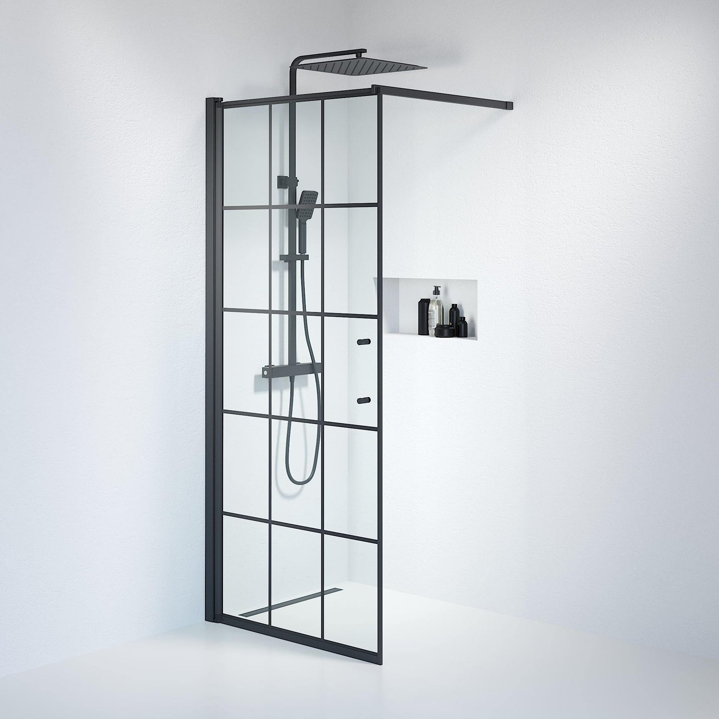 Fast duschvägg med stabiliseringsstag 80x198 cm - 6 mm klart nanoglas med svarta spröjs - svart profil - Vänern