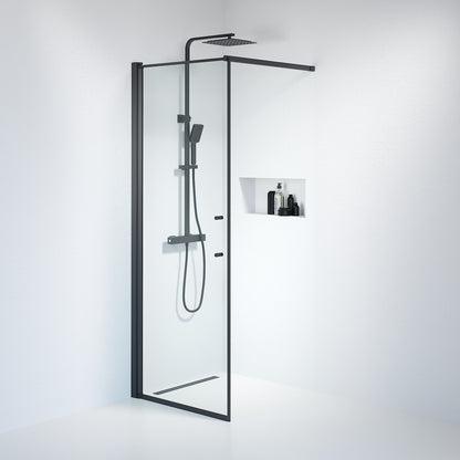 Fast duschvägg med stabiliseringsstag 90x198 cm - 6 mm klart nanoglas - svart profil - Vänern