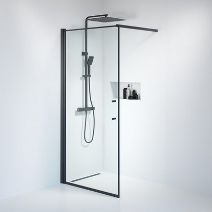 Fast duschvägg med stabiliseringsstag 90x198 cm - 6 mm klart nanoglas - svart profil - Vänern
