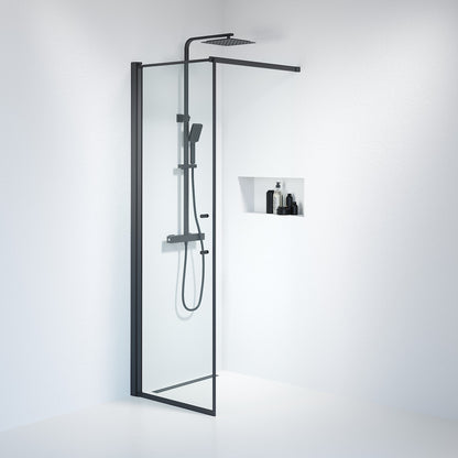 Fast duschvägg med stabiliseringsstag 90x198 cm - 6 mm klart nanoglas - svart profil - Vänern
