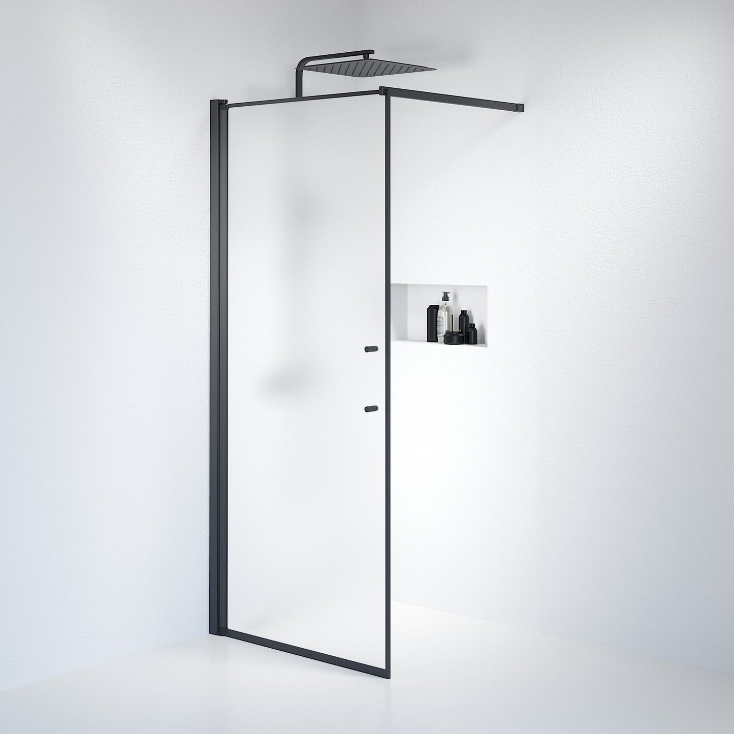 Fast duschvägg med stabiliseringsstag 90x198 cm - 6 mm frostat nanoglas - svart profil - Vänern