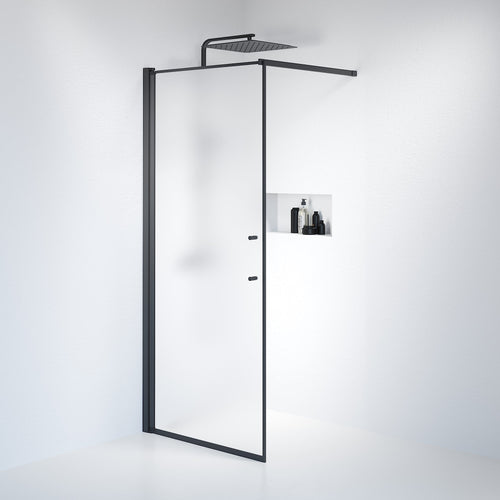 Fast duschvägg med stabiliseringsstag 90x198 cm - 6 mm frostat nanoglas - svart profil - Vänern