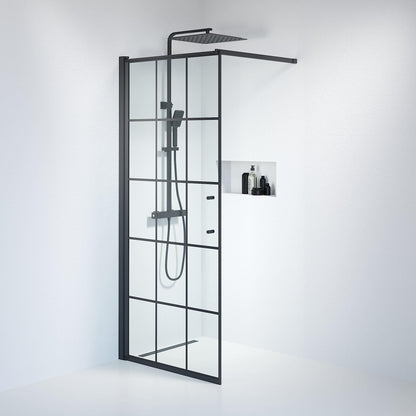 Fast duschvägg med stabiliseringsstag 90x198 cm - 6 mm klart nanoglas med svarta spröjs - svart profil - Vänern