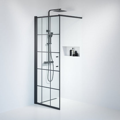 Fast duschvägg med stabiliseringsstag 90x198 cm - 6 mm klart nanoglas med svarta spröjs - svart profil - Vänern