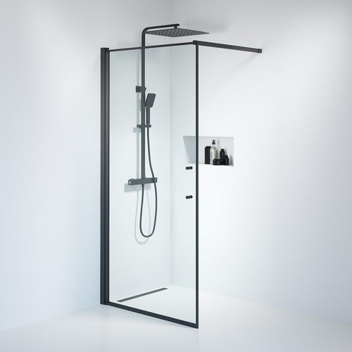 Fast duschvägg med stabiliseringsstag 100x198 cm - 6 mm klart nanoglas - svart profil - Vänern