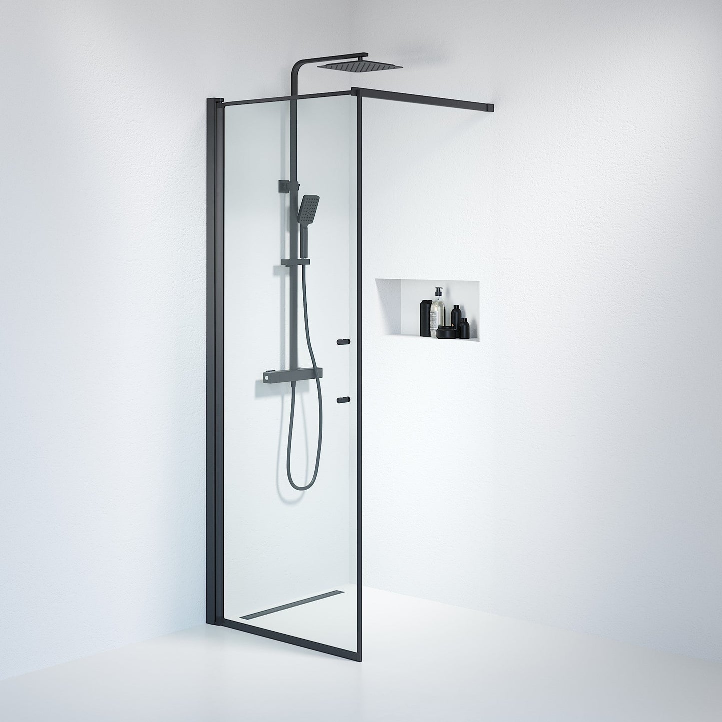 Fast duschvägg med stabiliseringsstag 100x198 cm - 6 mm klart nanoglas - svart profil - Vänern
