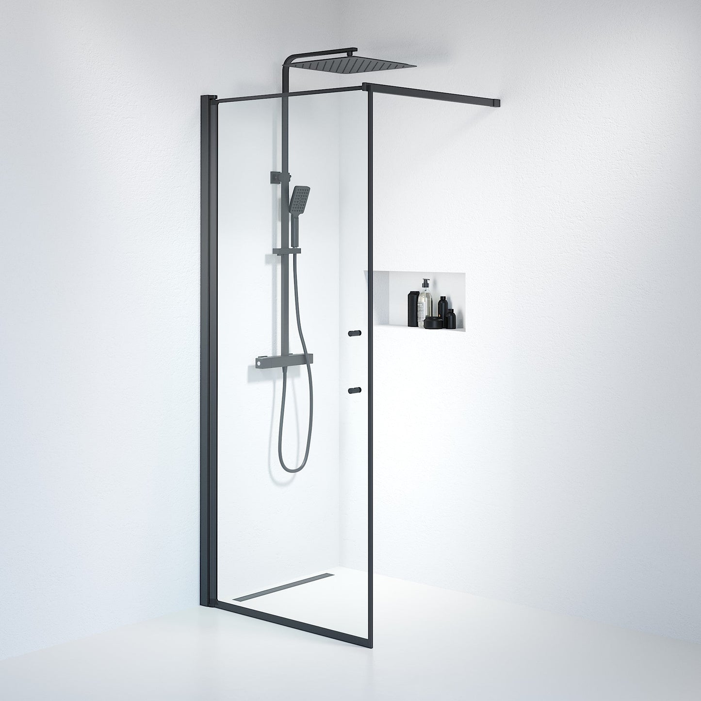 Fast duschvägg med stabiliseringsstag 100x198 cm - 6 mm klart nanoglas - svart profil - Vänern