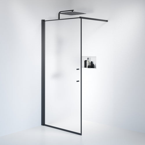 Fast duschvägg med stabiliseringsstag 100x198 cm - 6 mm frostat nanoglas - svart profil - Vänern