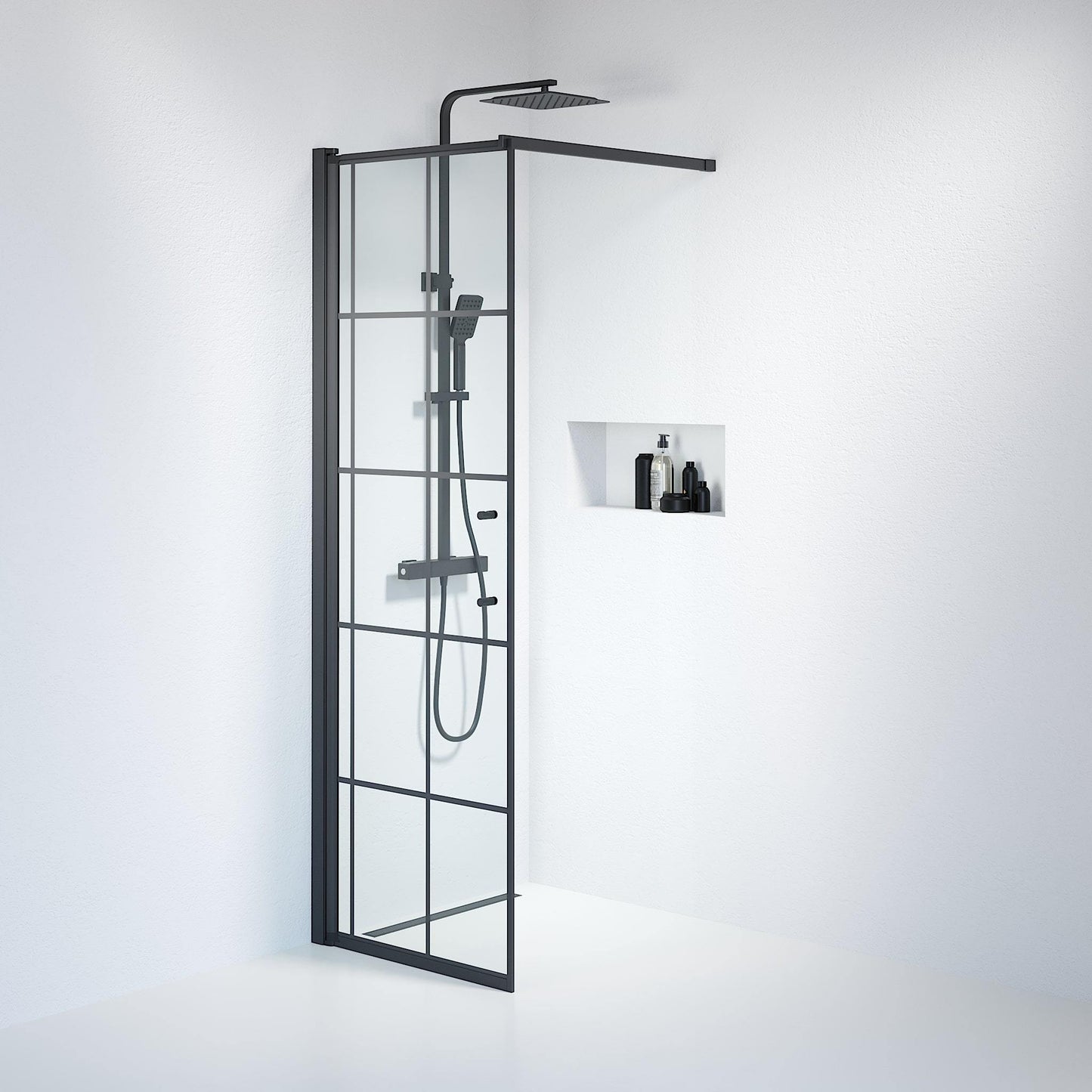 Fast duschvägg med stabiliseringsstag 100x198 cm - 6 mm klart nanoglas med svarta spröjs - svart profil - Vänern