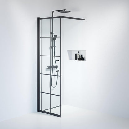 Fast duschvägg med stabiliseringsstag 100x198 cm - 6 mm klart nanoglas med svarta spröjs - svart profil - Vänern