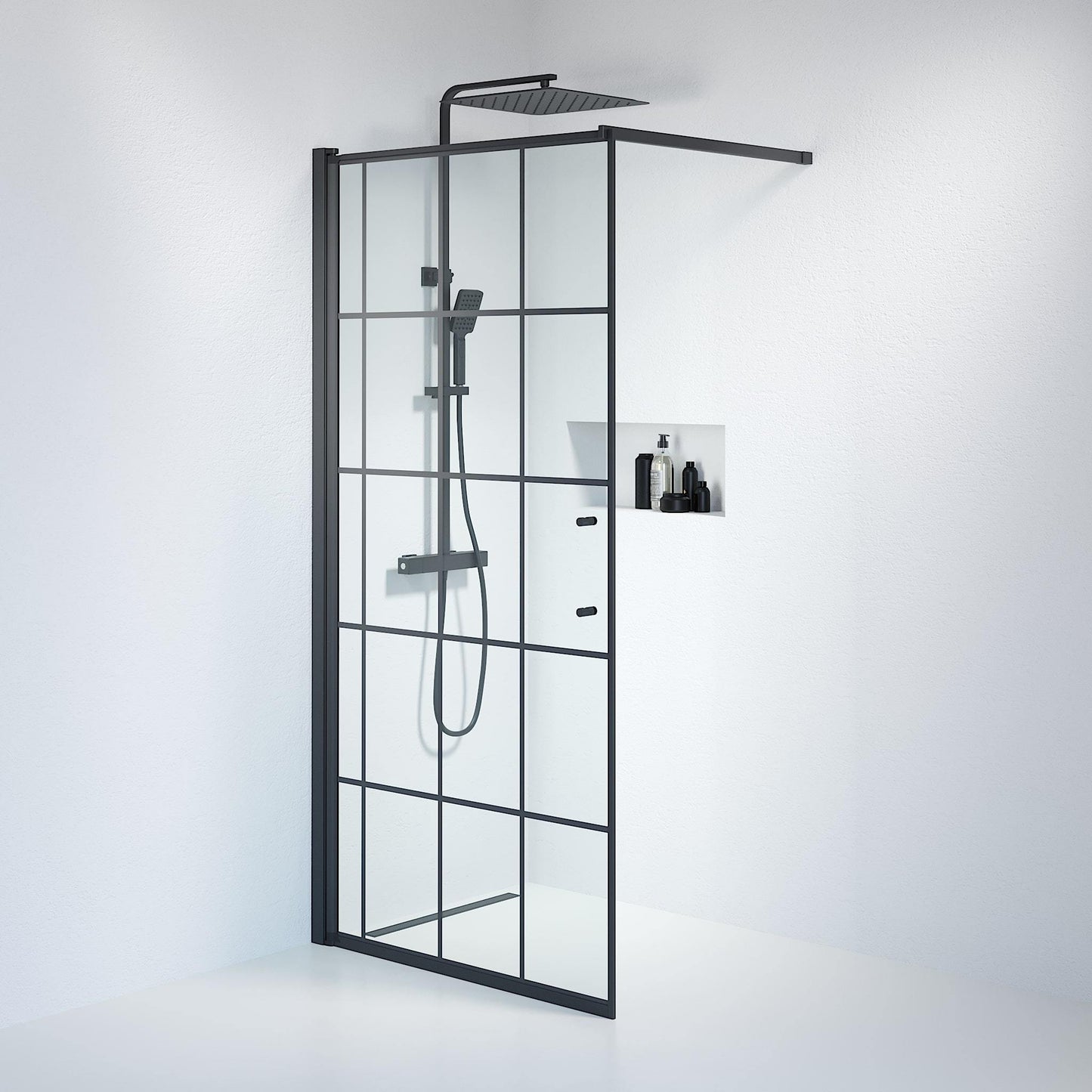 Fast duschvägg med stabiliseringsstag 100x198 cm - 6 mm klart nanoglas med svarta spröjs - svart profil - Vänern
