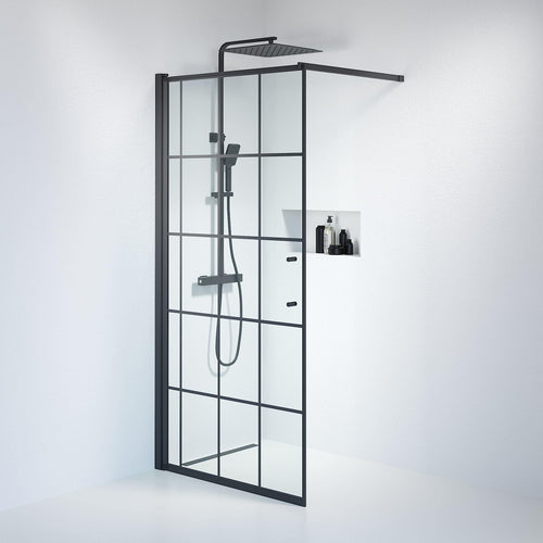 Fast duschvägg med stabiliseringsstag 100x198 cm - 6 mm klart nanoglas med svarta spröjs - svart profil - Vänern