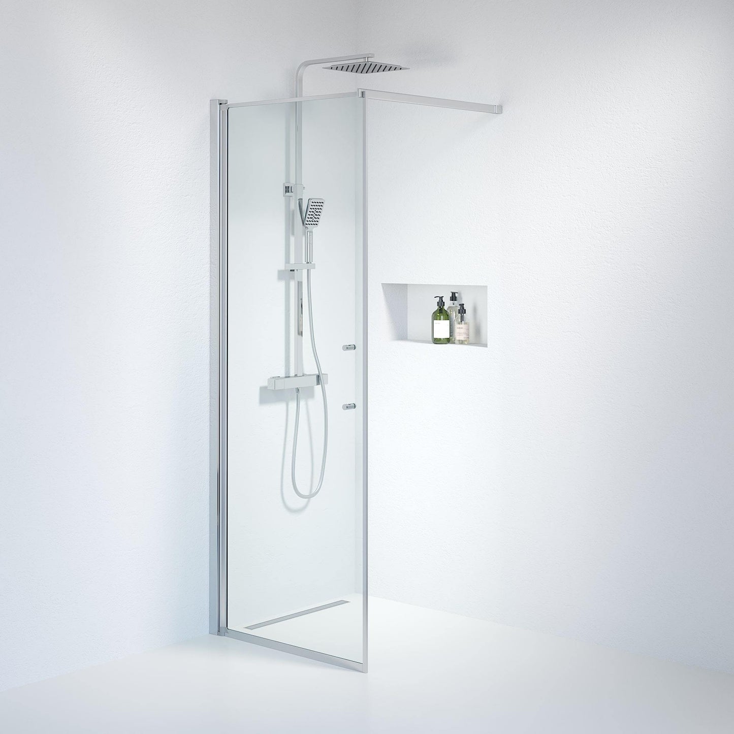 Fast duschvägg med stabiliseringsstag 100x198 cm - 6 mm klart nanoglas - kromprofil - Vänern