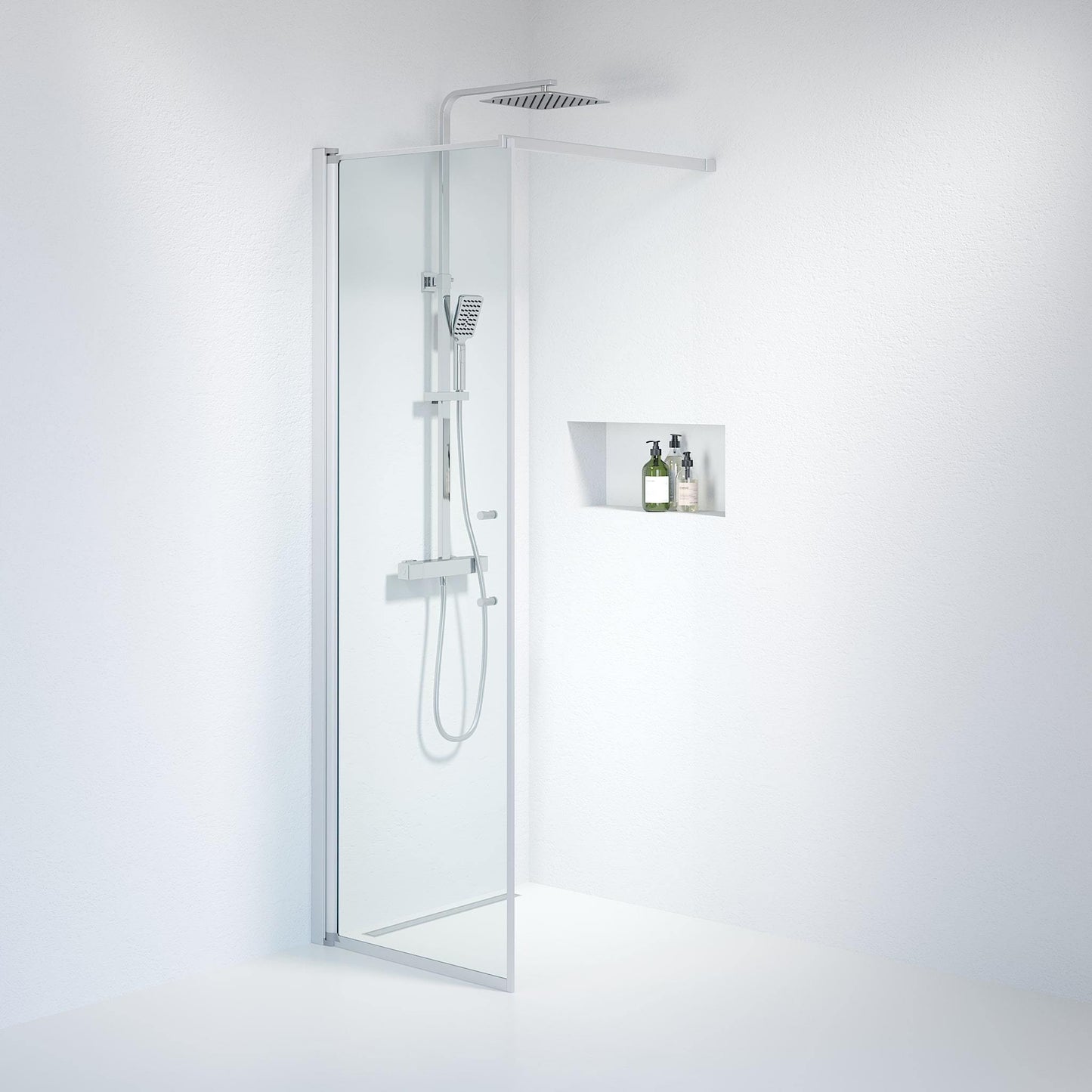 Fast duschvägg med stabiliseringsstag 100x198 cm - 6 mm klart nanoglas - borstad aluminiumprofil - Vänern