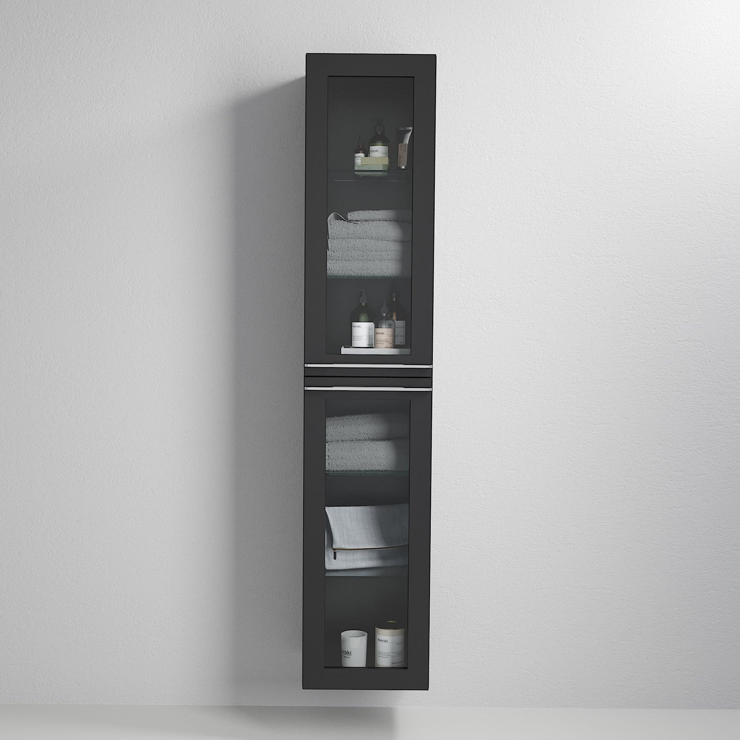 Högskåp med två glasdörrar - 35x32x174 cm - mattsvart - kromade handtag - Veiholmen