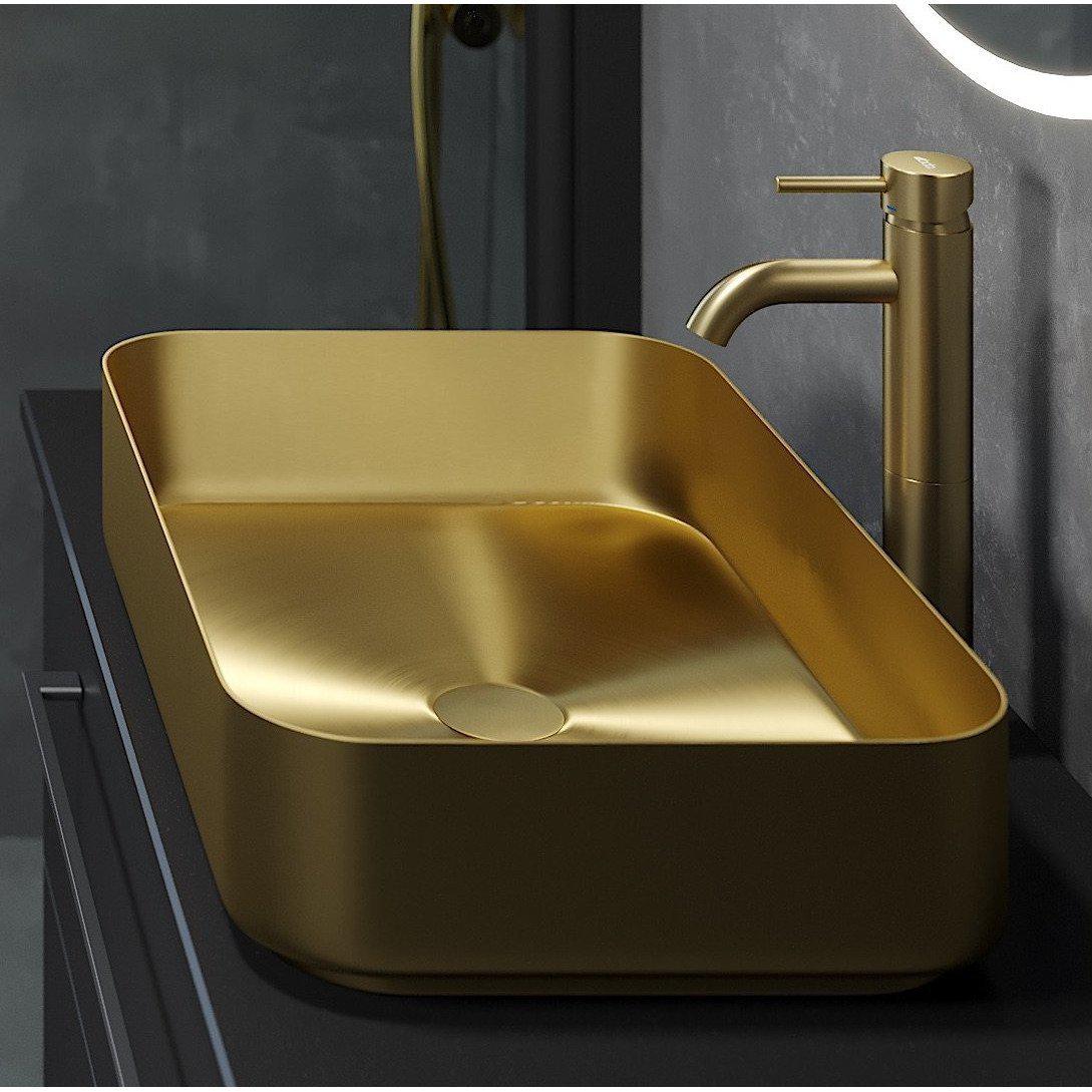 Fristående rektangulärt tvättställ – 52×34×12 cm – rostfritt stål – borstad mässing – Ljørdal