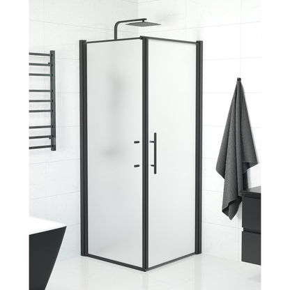 Duschhörna med fast vägg och dörr - 70x70x198 cm - 6 mm frostat nanoglas - svart profil - Vänern