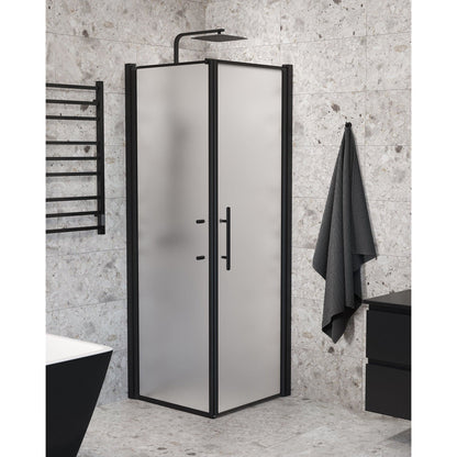 Duschhörna med fast vägg och dörr - 70x70x198 cm - 6 mm frostat nanoglas - svart profil - Vänern