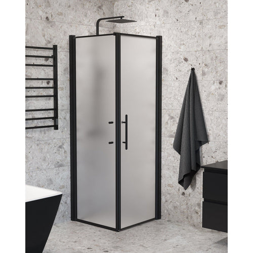 Duschhörna med fast vägg och dörr - 70x70x198 cm - 6 mm frostat nanoglas - svart profil - Vänern