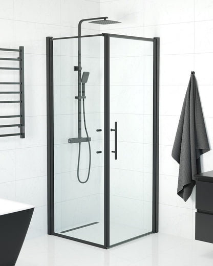 Duschhörna med fast vägg och dörr - 80x70x198 cm - 6 mm klart nanoglas - svart profil - Vänern