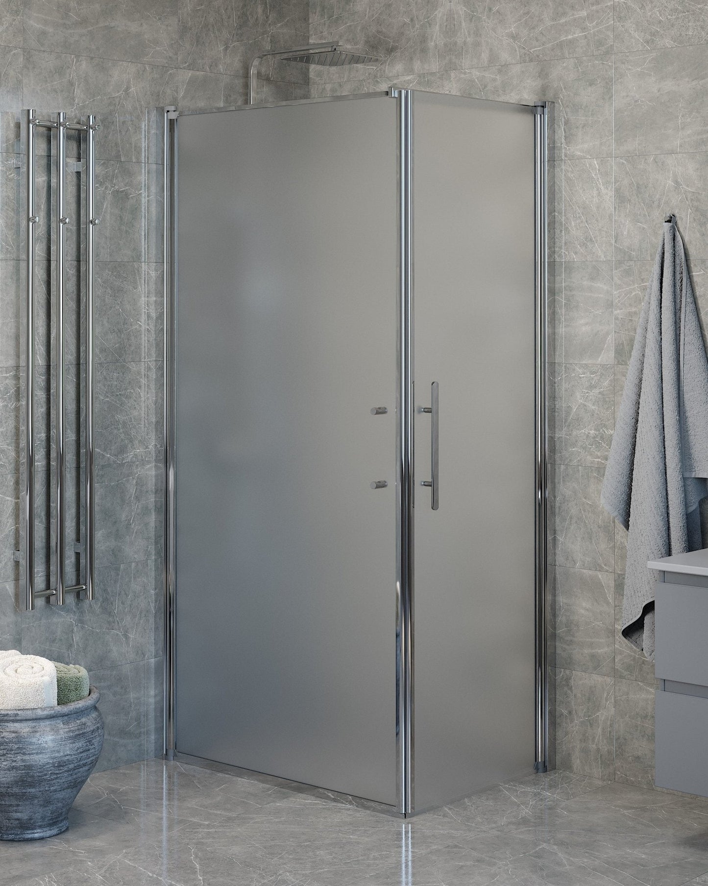 Duschhörna med fast vägg och dörr - 80x70x198 cm - 6 mm frostat nanoglas - kromprofil - Vänern