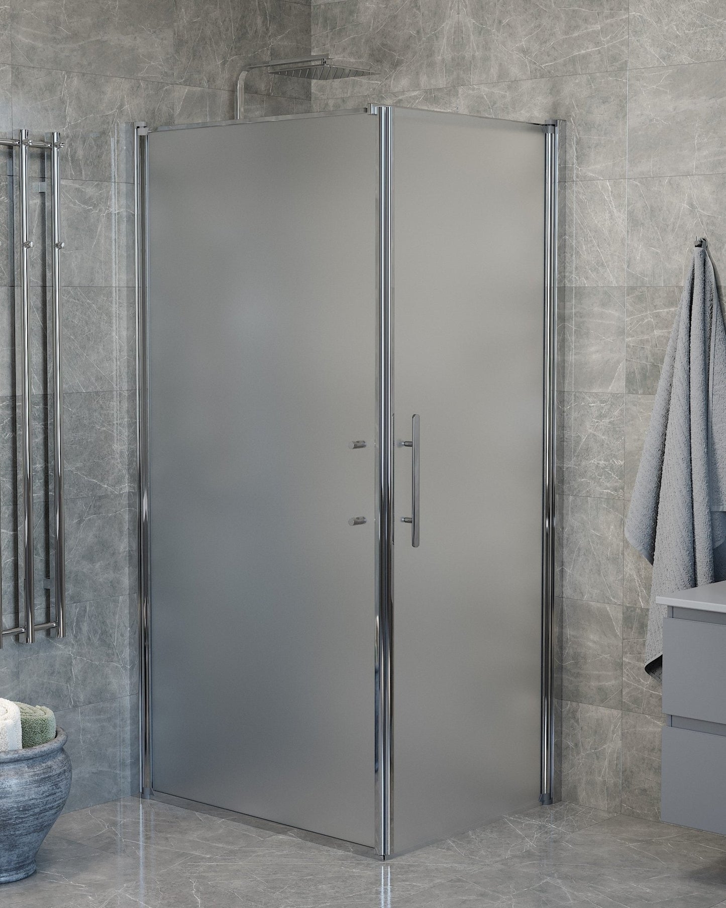 Duschhörna med fast vägg och dörr - 80x70x198 cm - 6 mm frostat nanoglas - kromprofil - Vänern